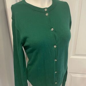 J.Crew Forest Green Classic Sweater W/rhinestone button Detail S/M